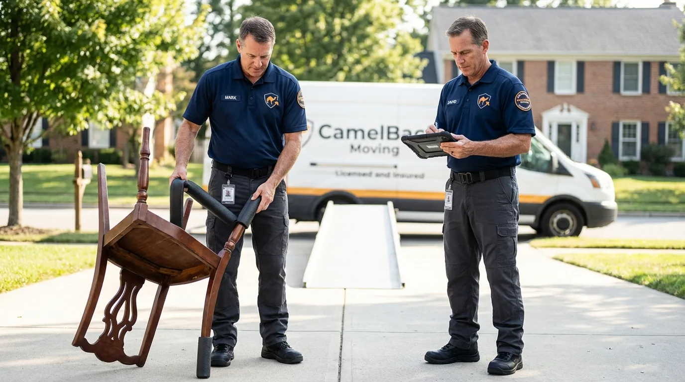 Movers inspecting furniture for damage prevention before loading in Zebulon, GA