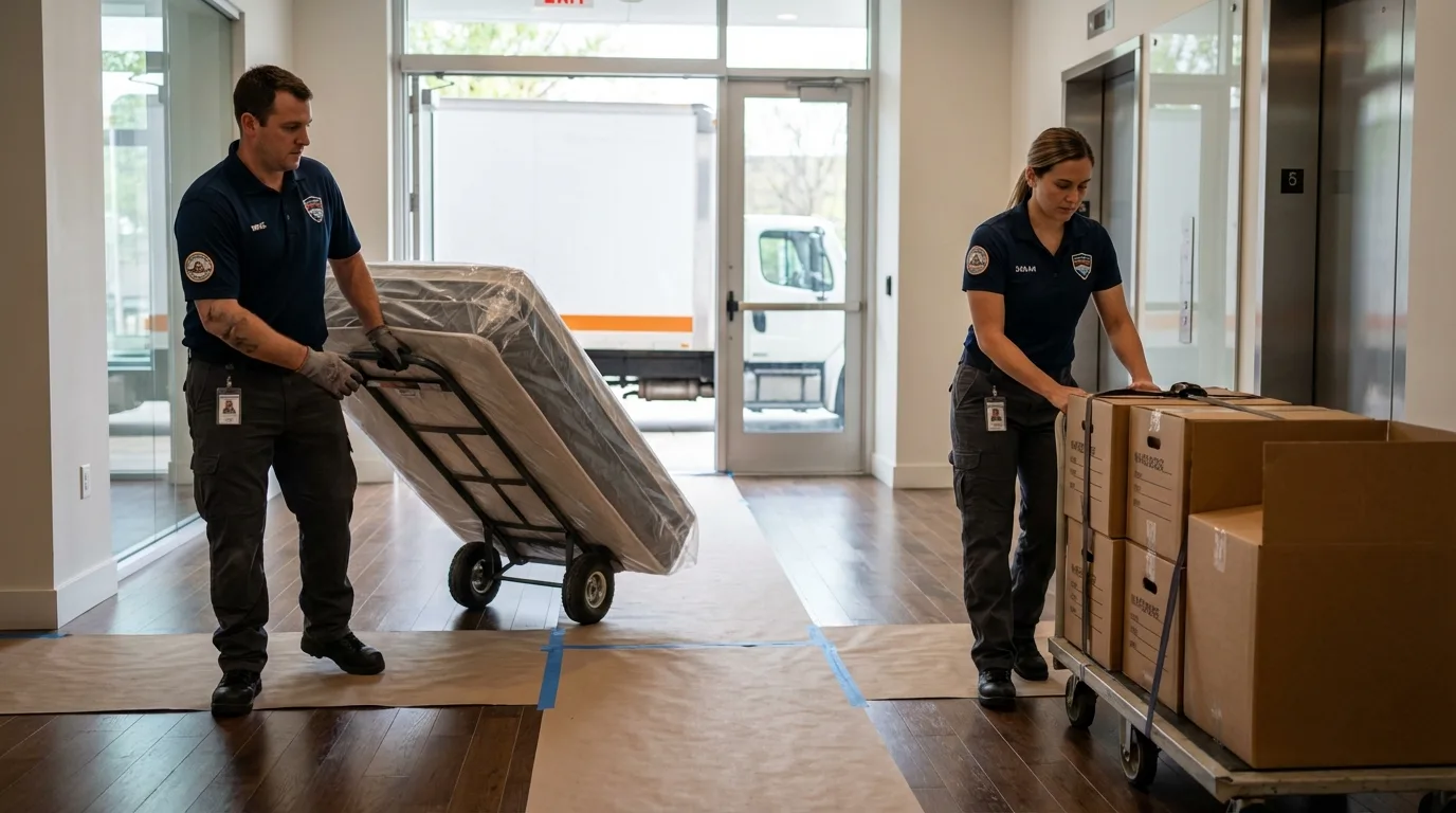 Professional apartment movers loading elevator in Zebulon, GA