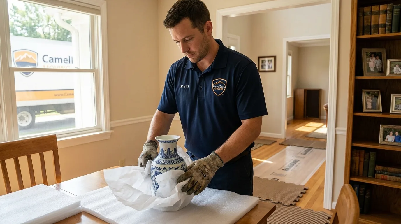 Professional crew carefully wrapping antique vase for senior downsizing move in Zebulon, GA